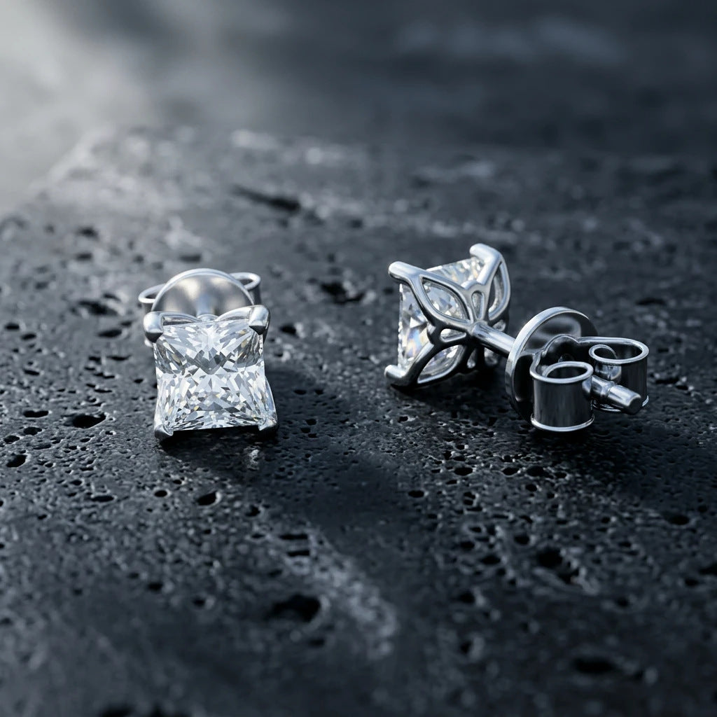 #14-2 Princess Cut Moissanite Studs – Intricate Lotus Basket Setting