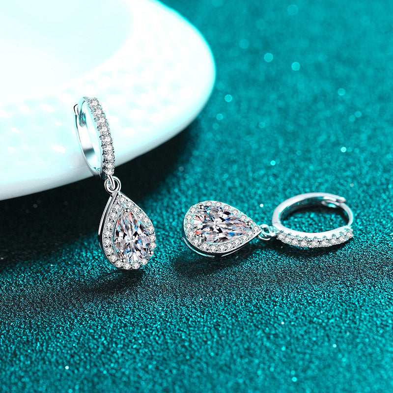 #130 VNK Luxury Pear Moissanite Halo Earrings | Teardrop Drop Huggie Hoops in 925 Silver