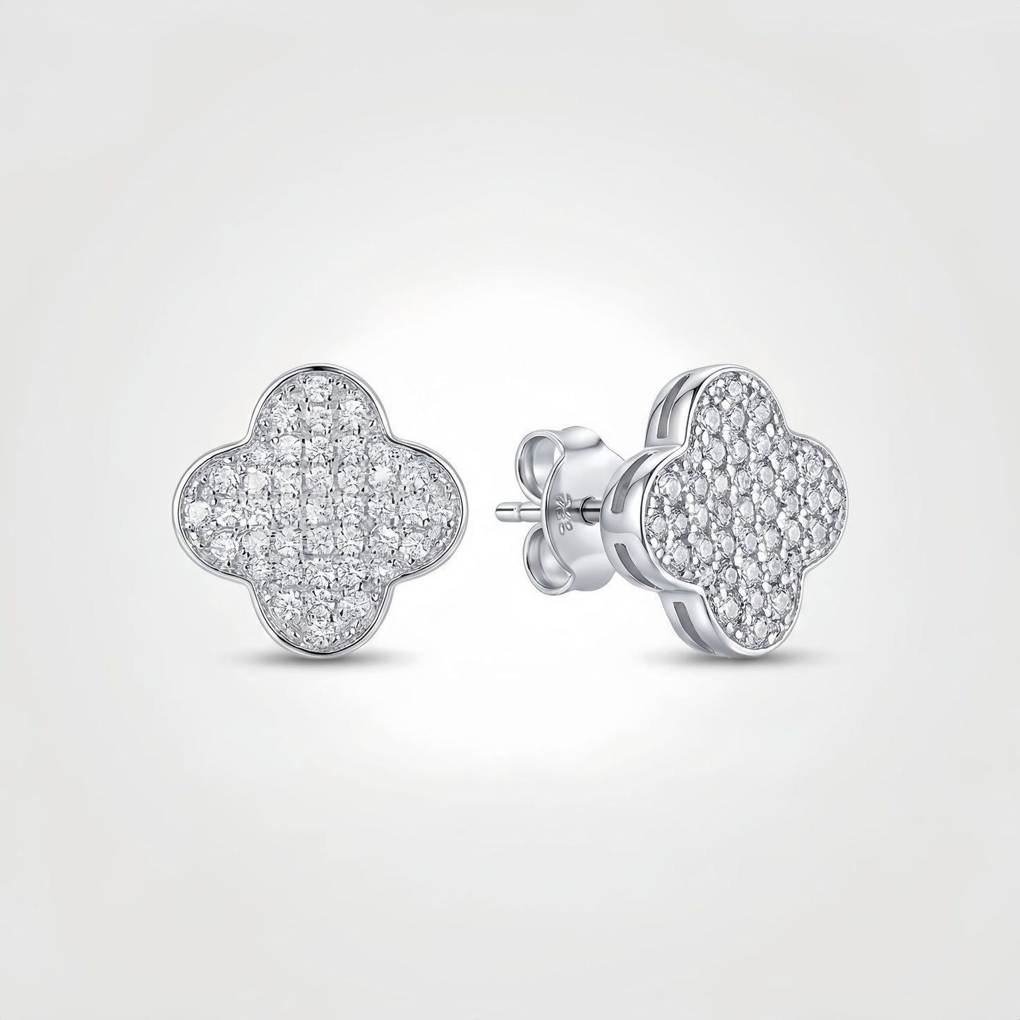 #170 Four-Leaf Clover Moissanite Stud Earrings – Pave Set S925 Silver
