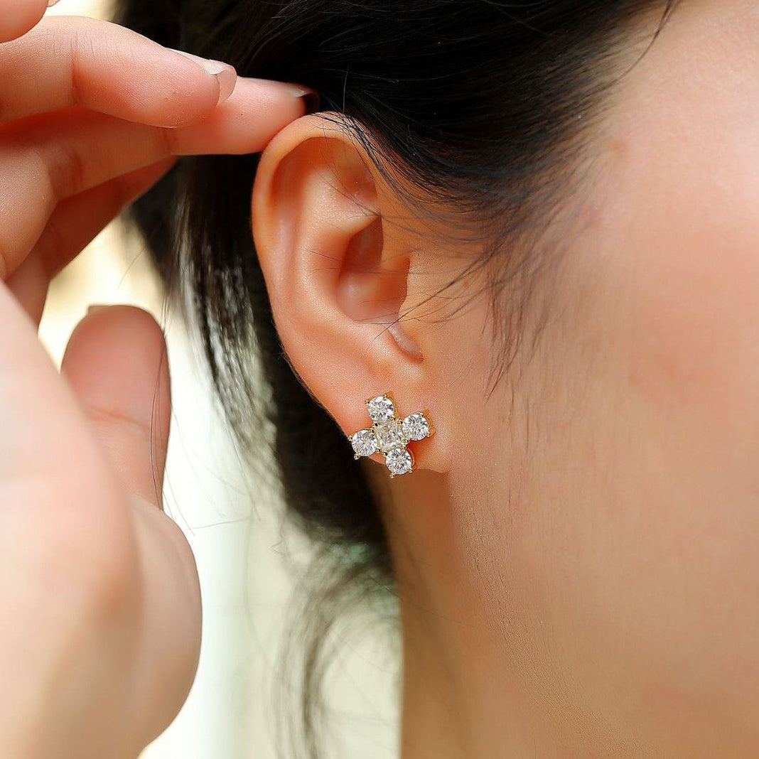 #53 VANNICK Cross Moissanite Stud Earrings Round Cut Princess Cut Gem– 925 Sterling Silver Gold Plated