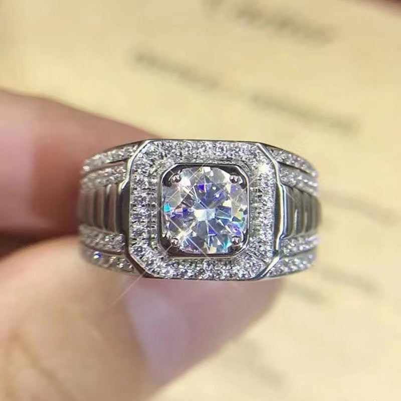 #M3 VNK 1CT Round Brilliant Cut Moissanite Men’s Ring – Halo & Pave Band, 925 Sterling Silver