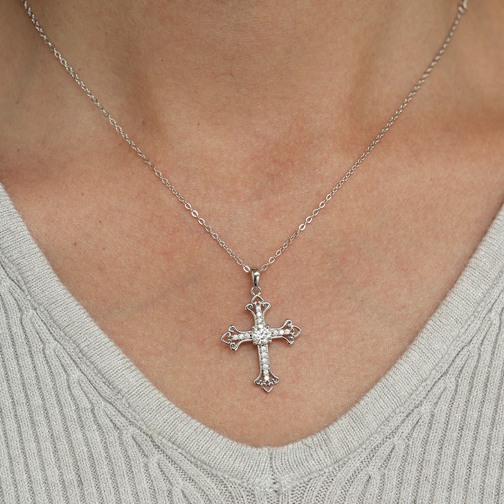 #110 Vintage Filigree Cross Moissanite Necklace | 925 Silver Faith Pendant for Her