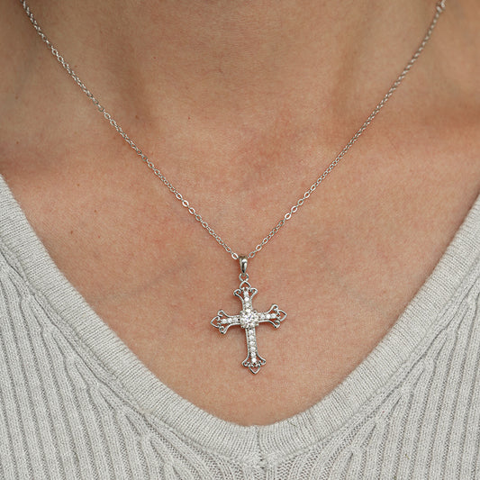 #110 Vintage Filigree Cross Moissanite Necklace | 925 Silver Faith Pendant for Her