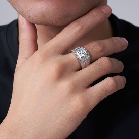 #32 VNK Octagonal Halo Moissanite Men’s Ring  Full Pavé Band, 925 Sterling Silver