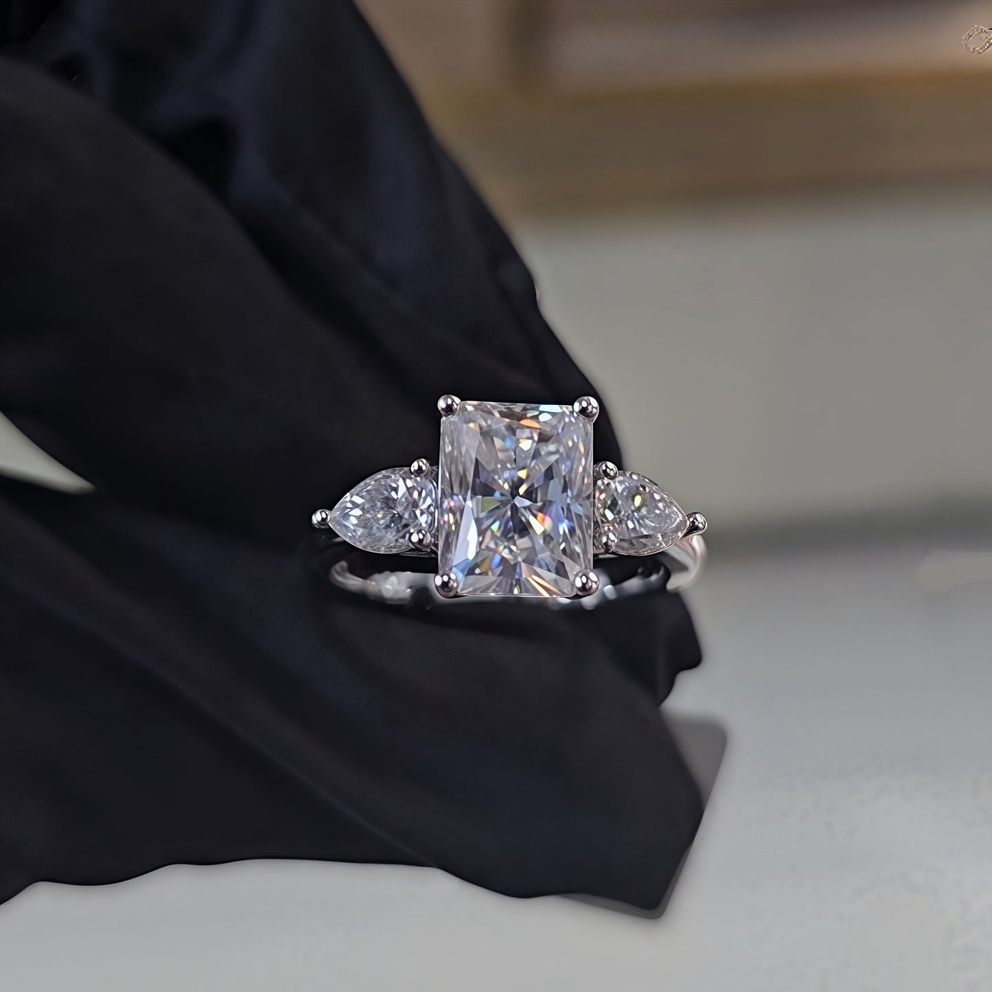 5ct Radiant Moissanite Ring with Pear Side Stones