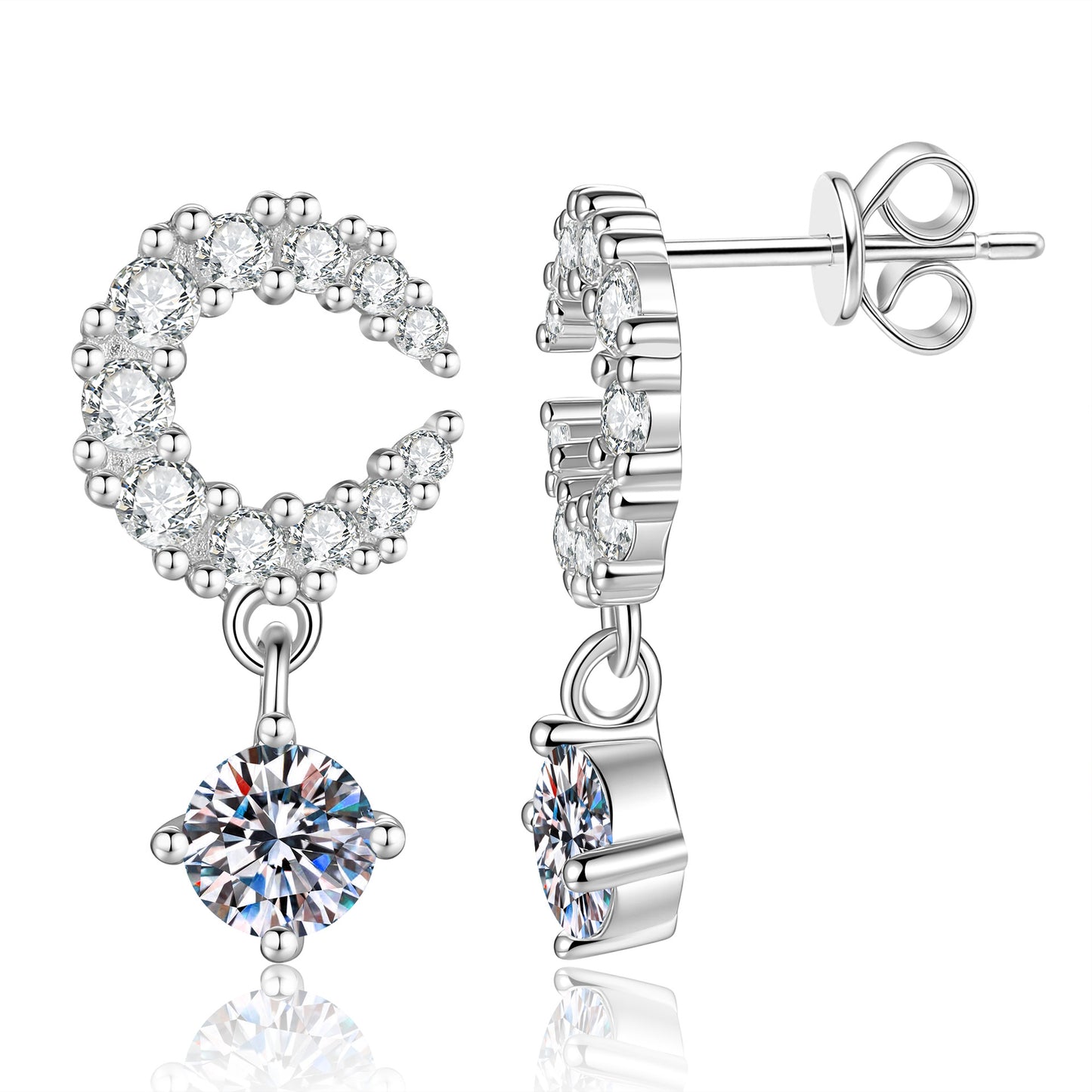 #166 VANNICK Crescent Moon Round Moissanite Drop Earrings–925 Sterling Silver Jewelry