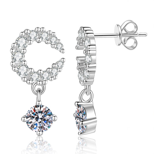 #166 VANNICK Crescent Moon Round Moissanite Drop Earrings–925 Sterling Silver Jewelry