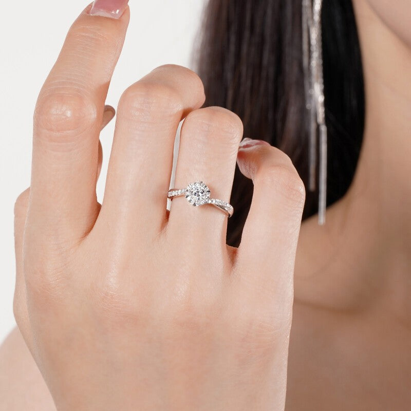 #09 Round Brilliant Cut Moissanite Twisted Halo Ring – 0.5CT/1CT/2CT Center, 925 Sterling Silver