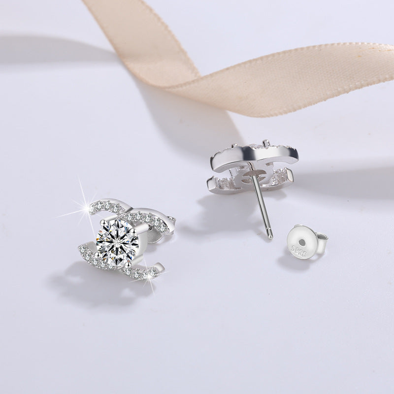 #100 VNK Elegant Double C Moissanite Necklace & Stud Earrings Set | 925 Sterling Silver