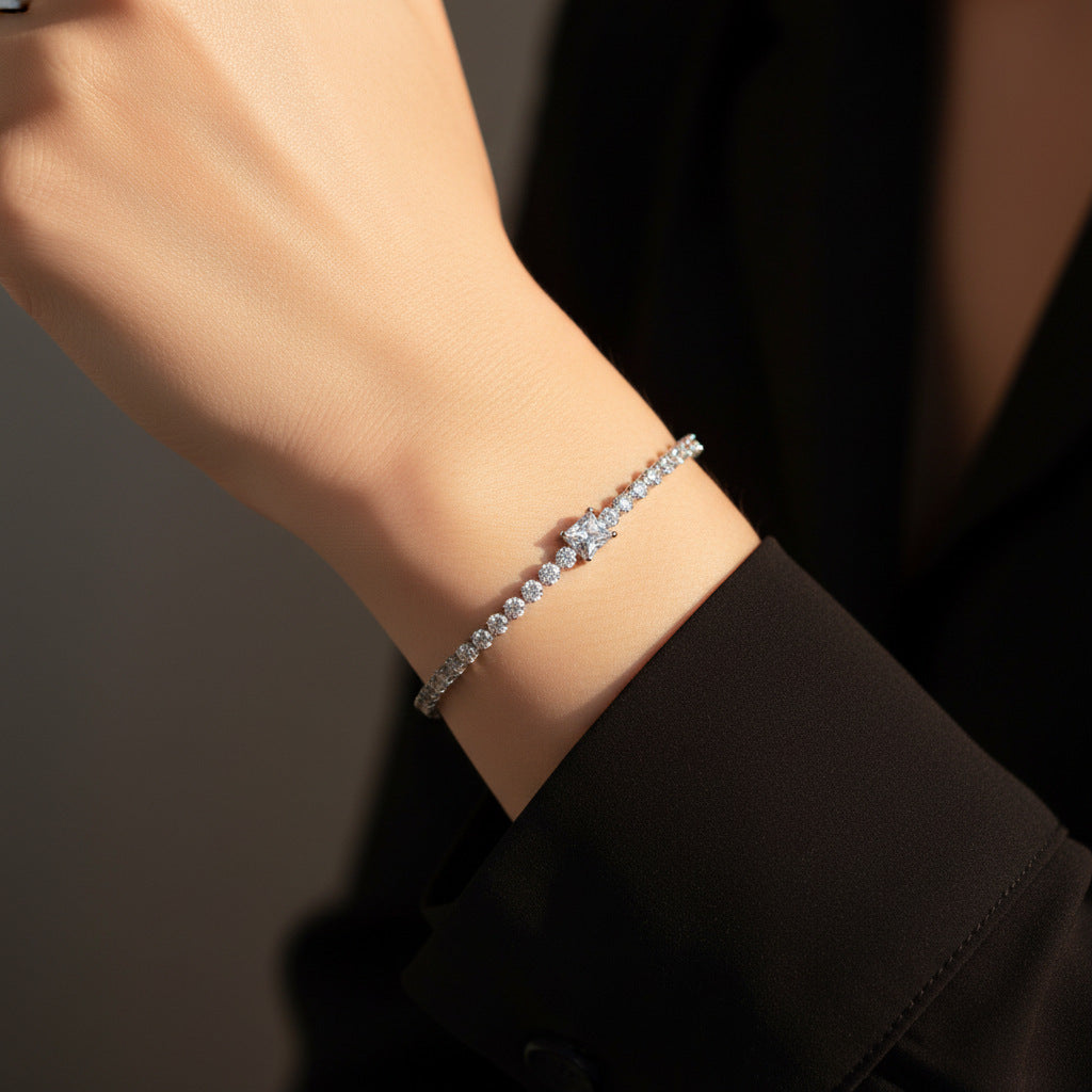 #76 VNK 1CT Princess Cut Moissanite Tennis Bracelet – 16+5cm Adjustable, 925 Sterling Silver