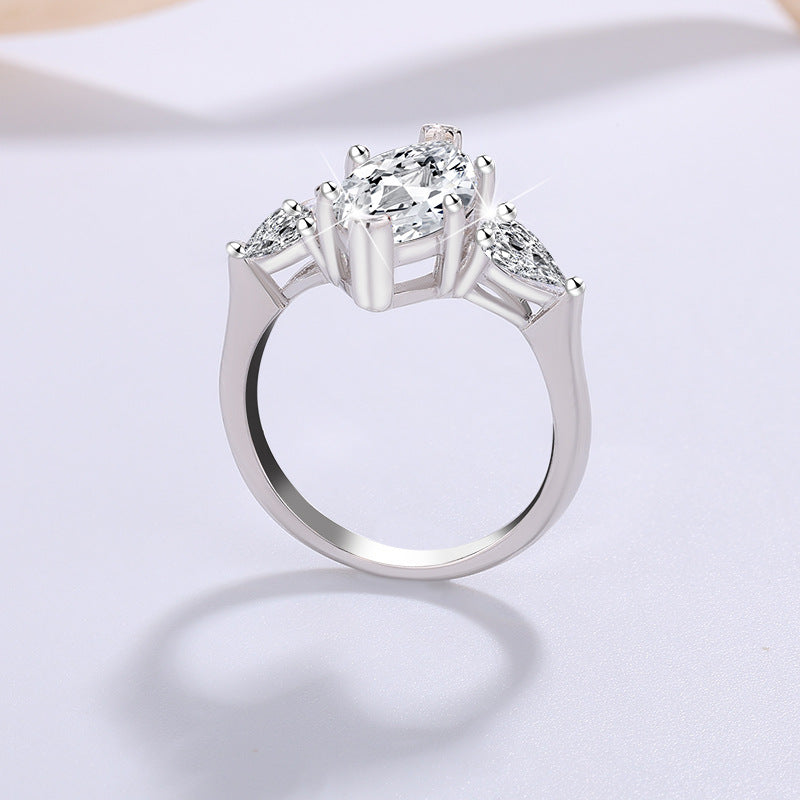 #138 VNK Three-Stone Marquise Moissanite Ring –925 Sterling Silver Jewelry