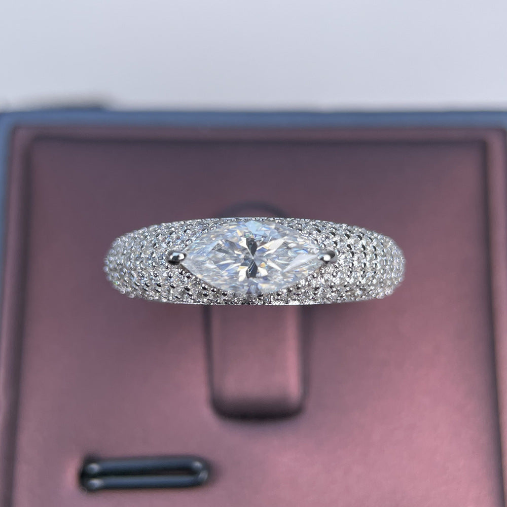 #140 VNK  1CT Marquise Cut Moissanite Pave Ring – Full Pavé Band, 925 Sterling Silver