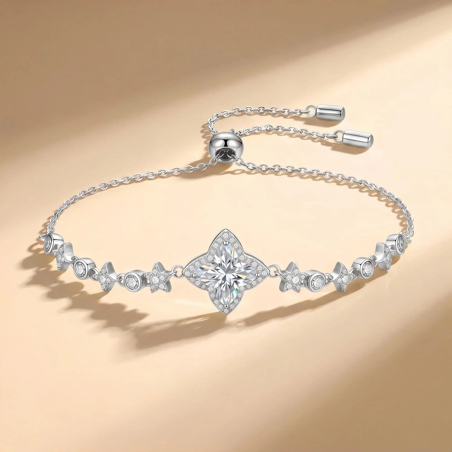 #149 VNK Luxury Clover-Cut Moissanite Adjustable Bracelet in Sterling Silver - Lucky Star Sparkle Bangle