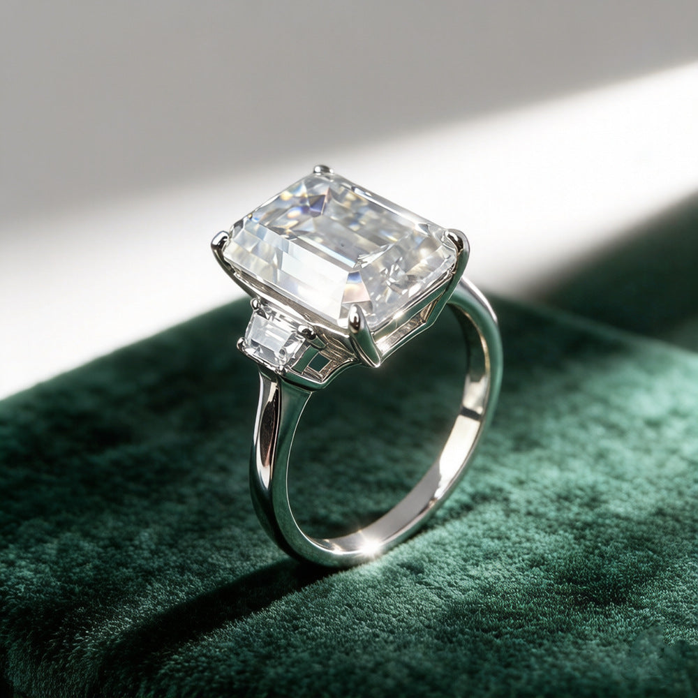 10ctw Emerald/Radiant Cut Moissanite Three-Stone Ring