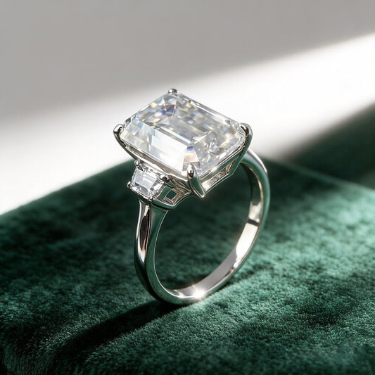 10ctw Emerald/Radiant Cut Moissanite Three-Stone Ring