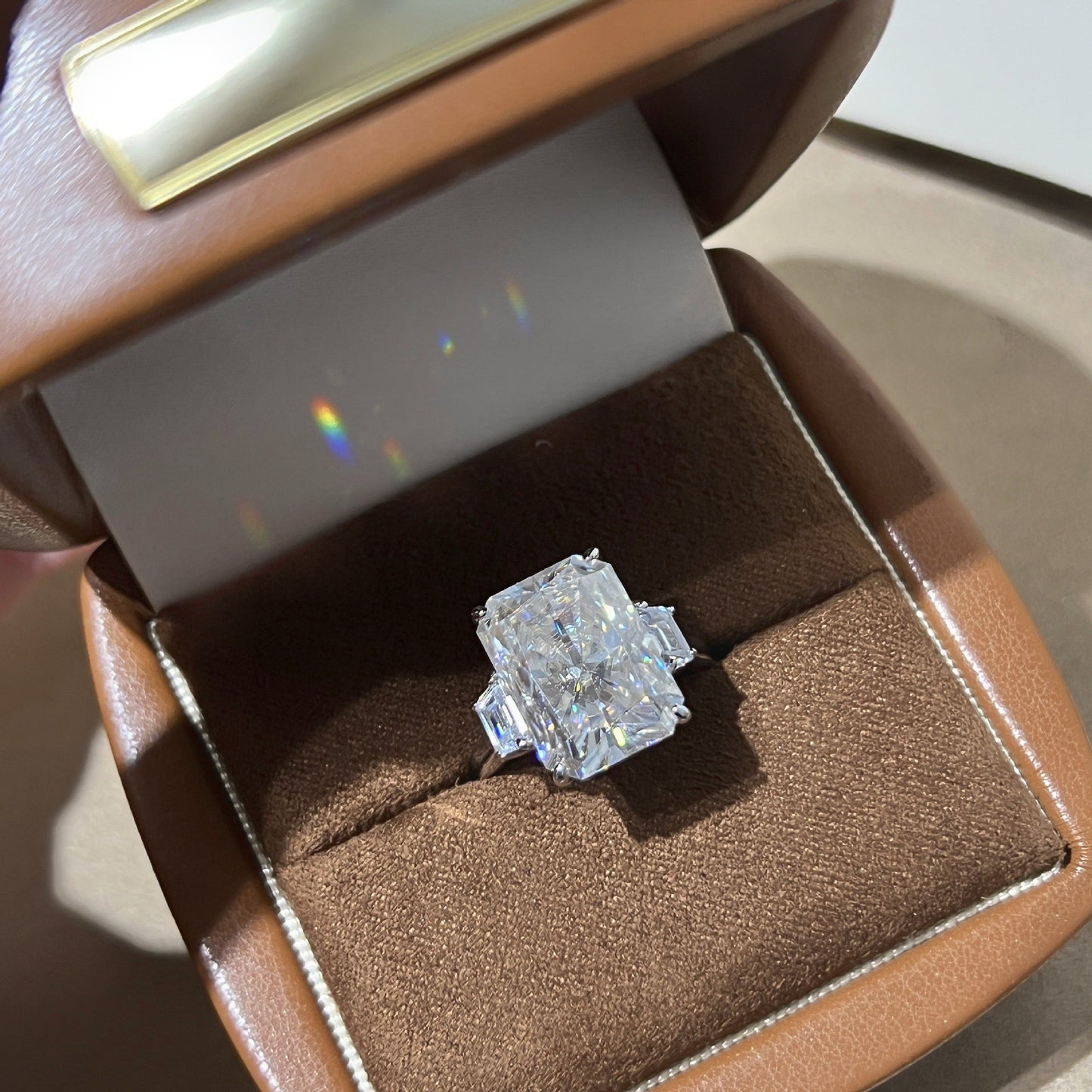10ctw Emerald/Radiant Cut Moissanite Three-Stone Ring