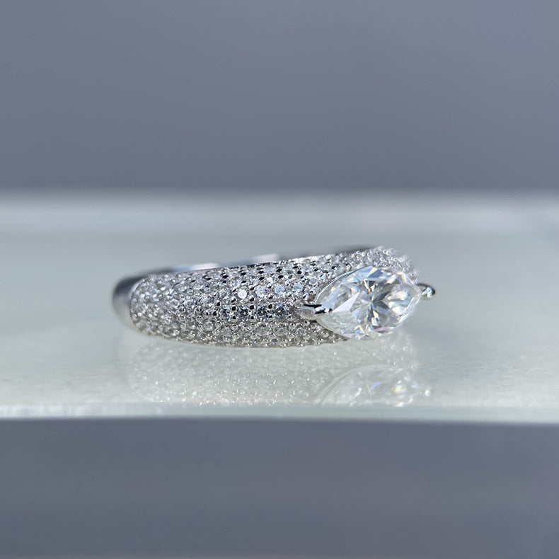 #140 VNK  1CT Marquise Cut Moissanite Pave Ring – Full Pavé Band, 925 Sterling Silver