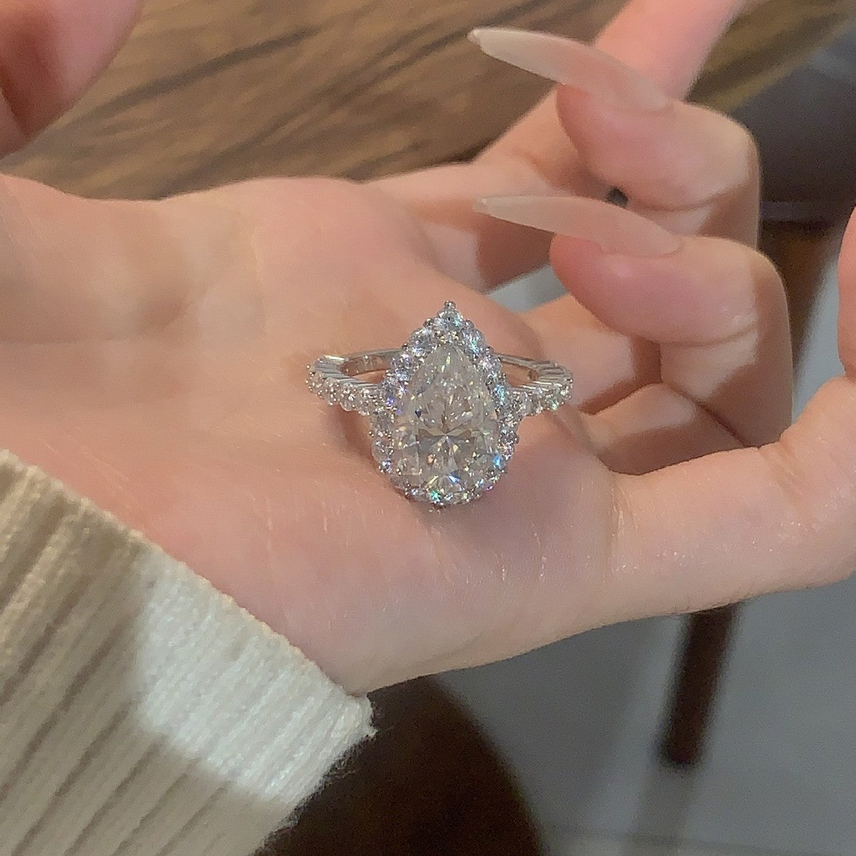 #66 VNK 5CT Pear Cut Moissanite Ring – Double Halo 925 Silver Engagement Ring
