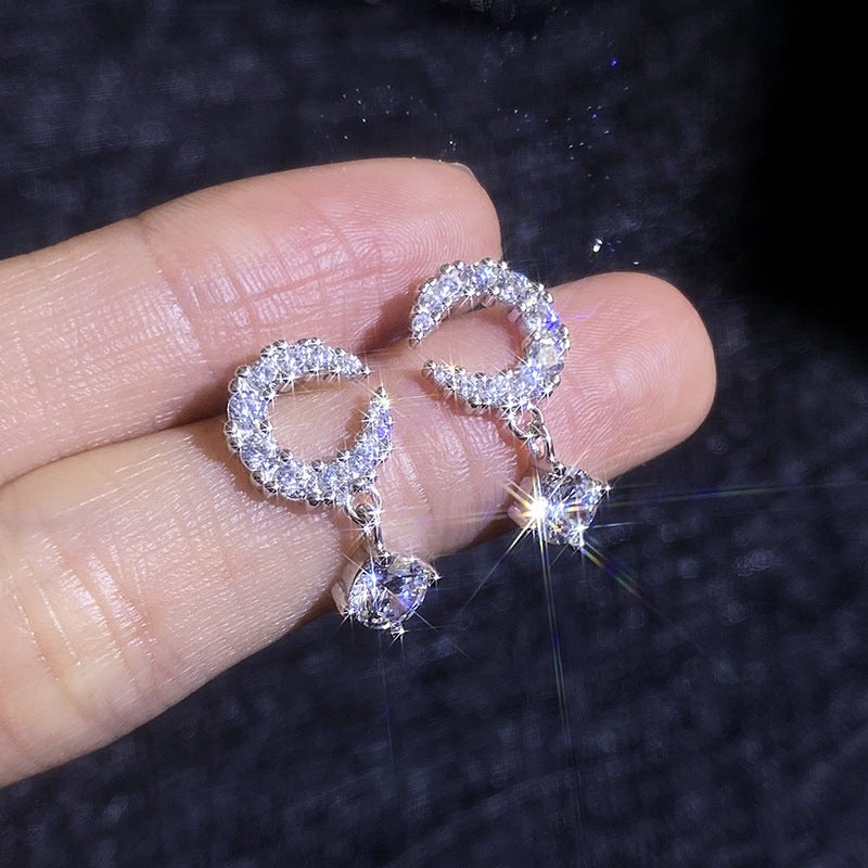 #166 VANNICK Crescent Moon Round Moissanite Drop Earrings–925 Sterling Silver Jewelry