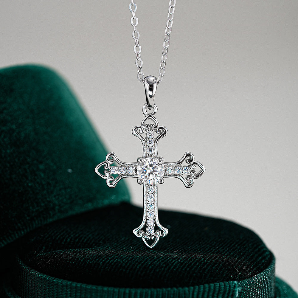 #110 Vintage Filigree Cross Moissanite Necklace | 925 Silver Faith Pendant for Her
