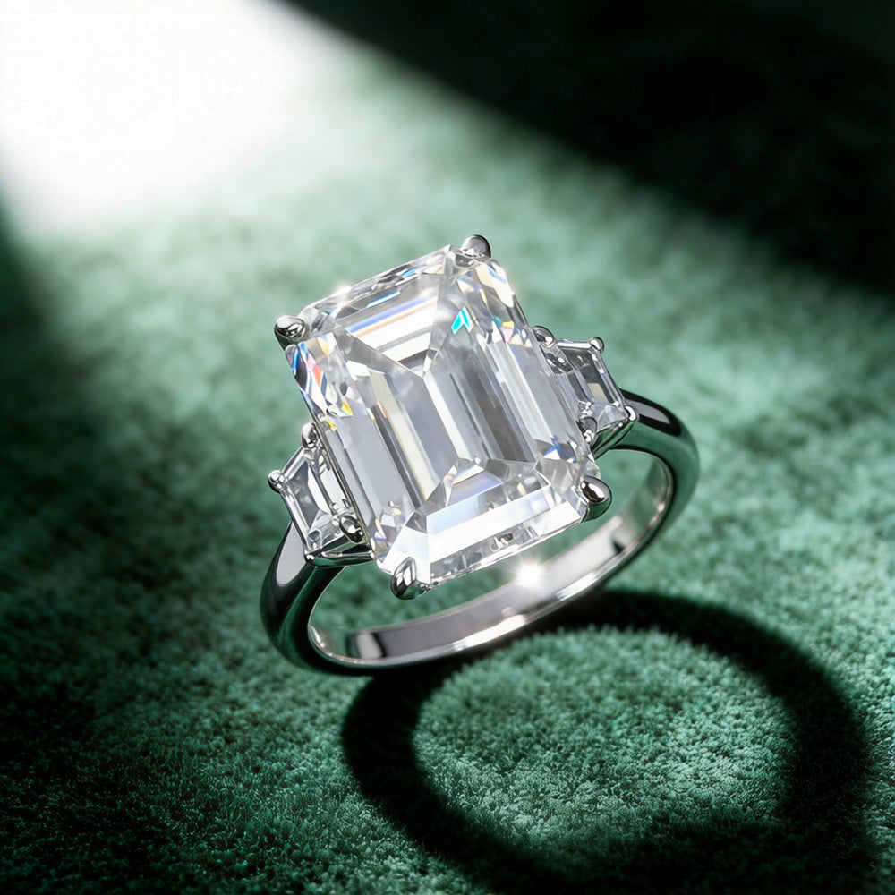 10ctw Emerald/Radiant Cut Moissanite Three-Stone Ring