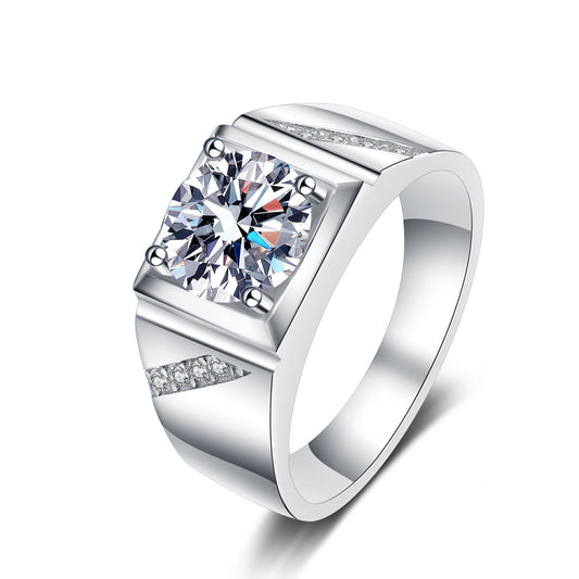 #M1 VNK Square-Frame Moissanite Men’s Ring Diagonal Pave Accents, Wide Band 925 Sterling Silver