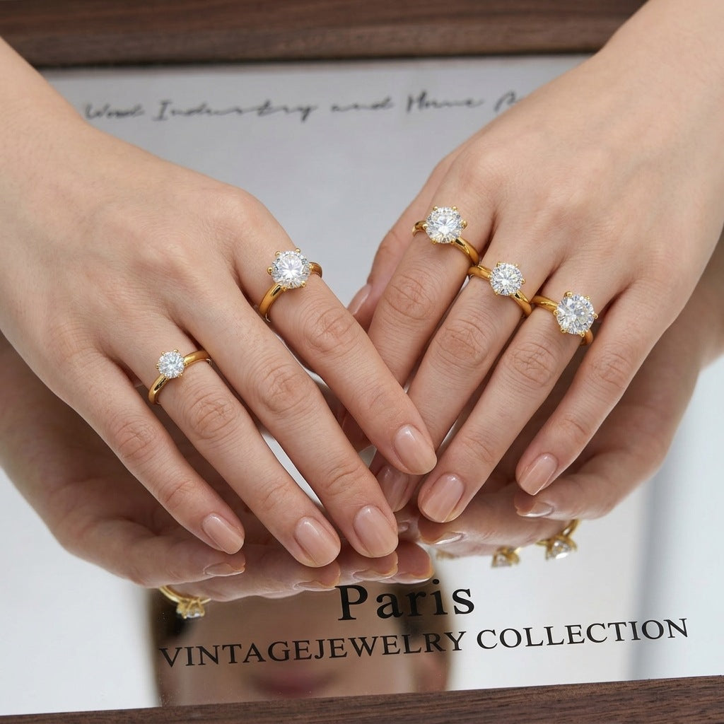 #150 VNK Luxury 6prong Round Moissanite Ring - 925 Sterling Silver 18K Gold Plated Wedding Rings for Women