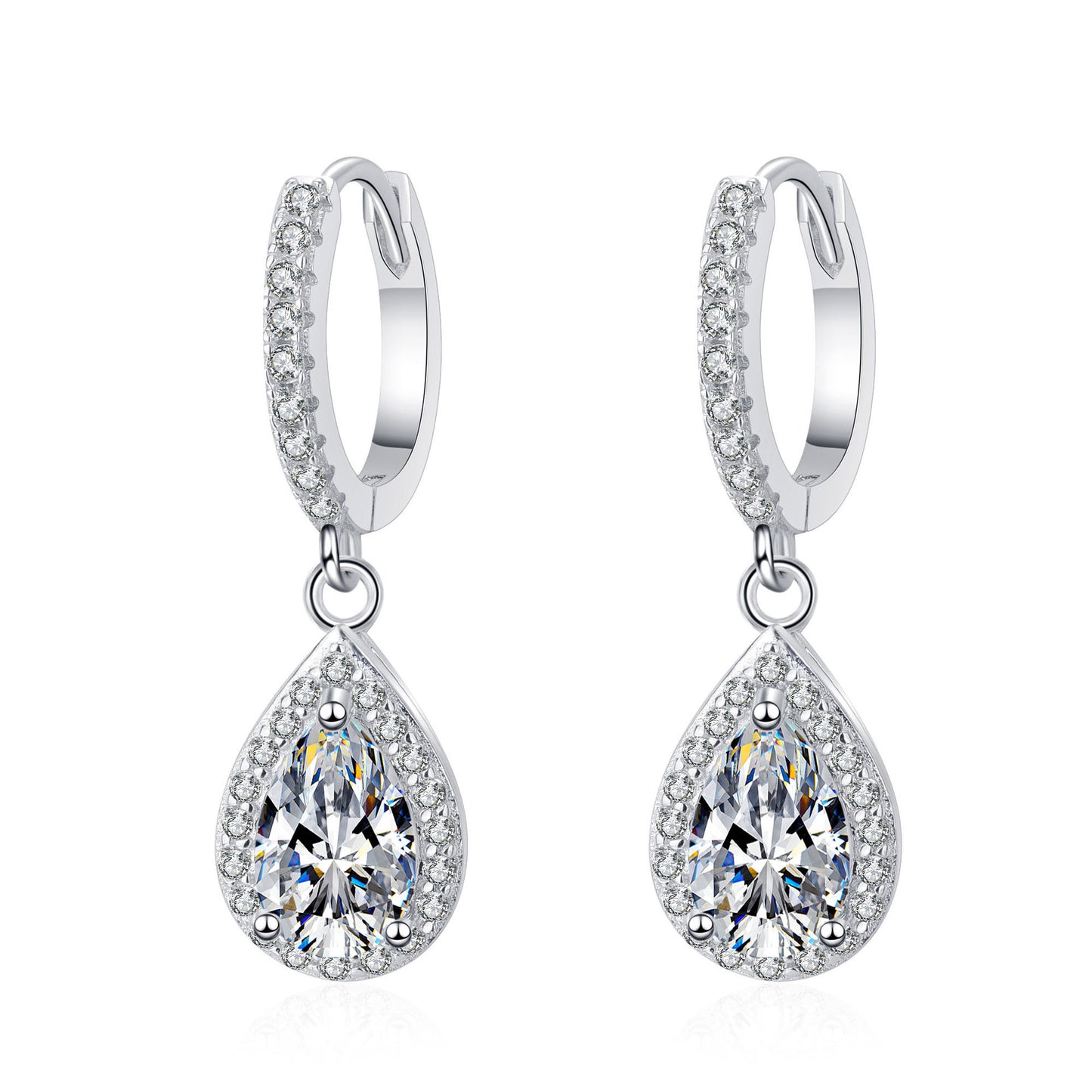#130 VNK Luxury Pear Moissanite Halo Earrings | Teardrop Drop Huggie Hoops in 925 Silver