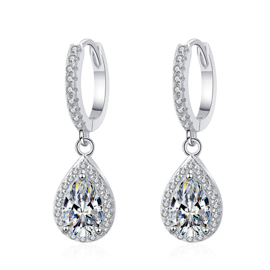 #130 VNK Luxury Pear Moissanite Halo Earrings | Teardrop Drop Huggie Hoops in 925 Silver