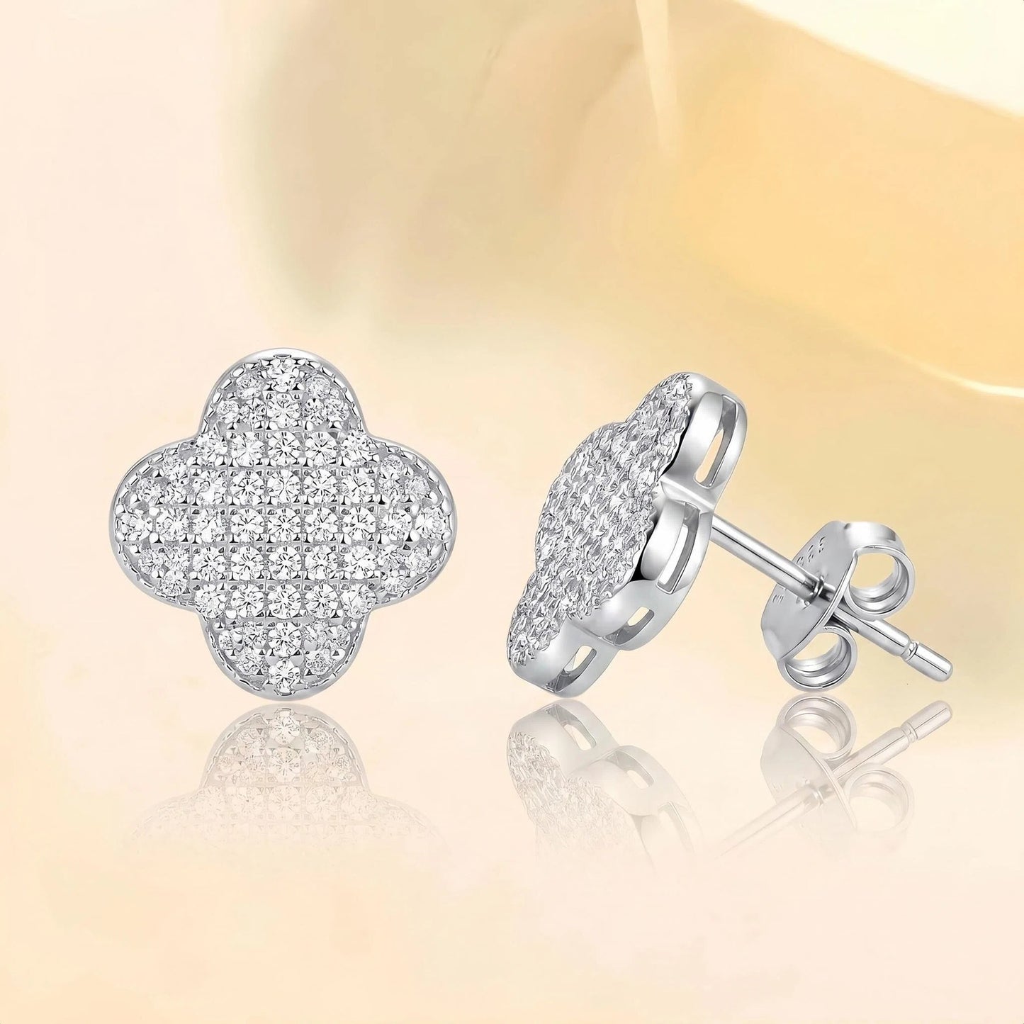 #170 Four-Leaf Clover Moissanite Stud Earrings – Pave Set S925 Silver