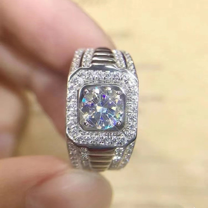 #M3 VNK 1CT Round Brilliant Cut Moissanite Men’s Ring – Halo & Pave Band, 925 Sterling Silver