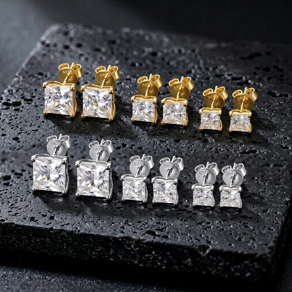 #14-2 Princess Cut Moissanite Studs – Intricate Lotus Basket Setting