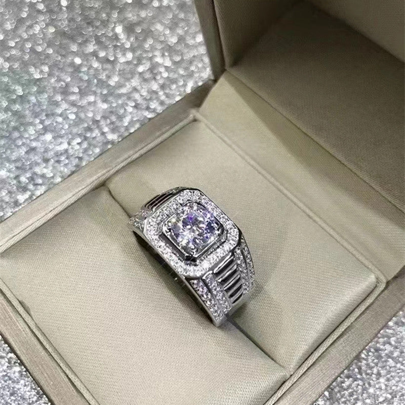 #M3 VNK 1CT Round Brilliant Cut Moissanite Men’s Ring – Halo & Pave Band, 925 Sterling Silver