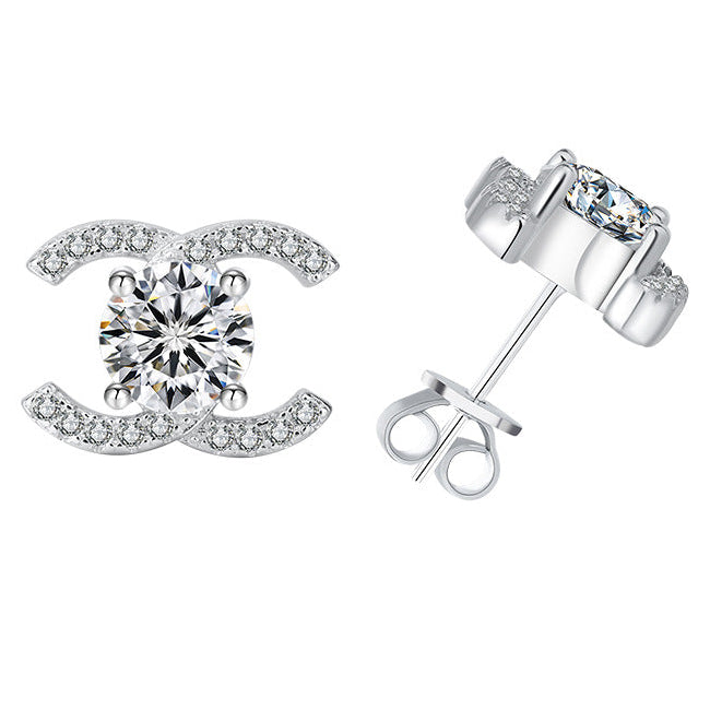 #100 VNK Elegant Double C Moissanite Necklace & Stud Earrings Set | 925 Sterling Silver