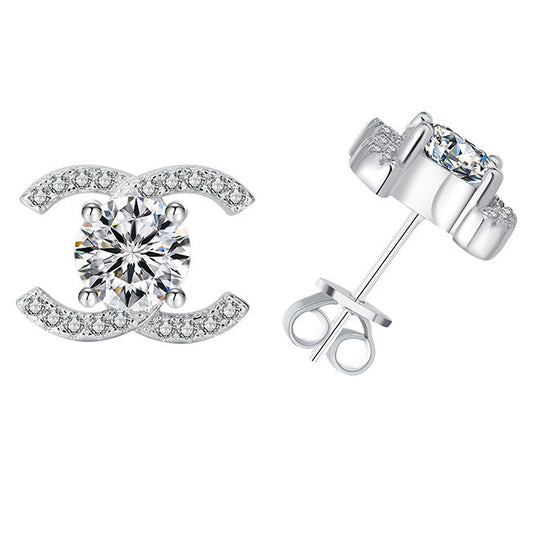 #100 VNK Elegant Double C Moissanite Necklace & Stud Earrings Set | 925 Sterling Silver