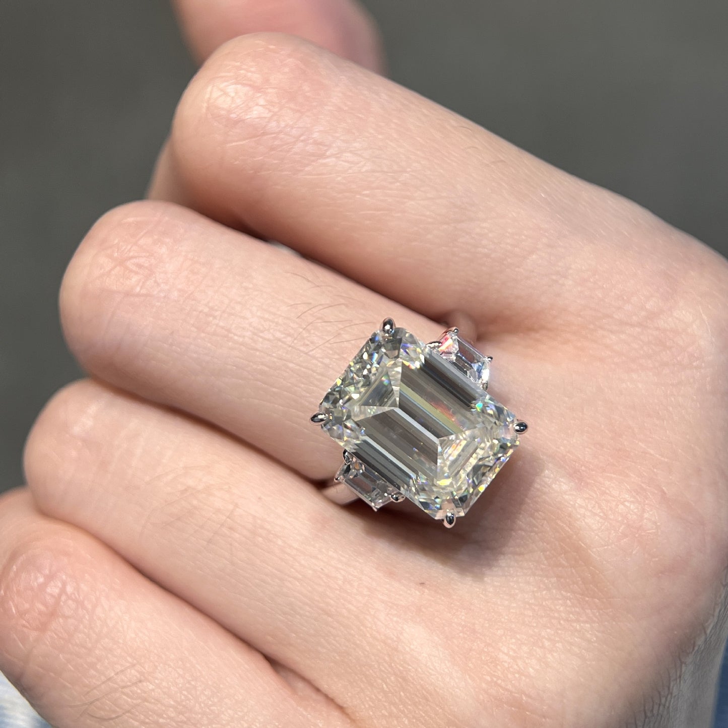 10ctw Emerald/Radiant Cut Moissanite Three-Stone Ring