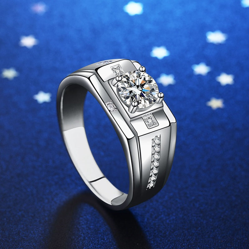 #M2 Men’s Geometric Moissanite Ring | 1CT Center with Symmetric Pave Accents in 925 Silver