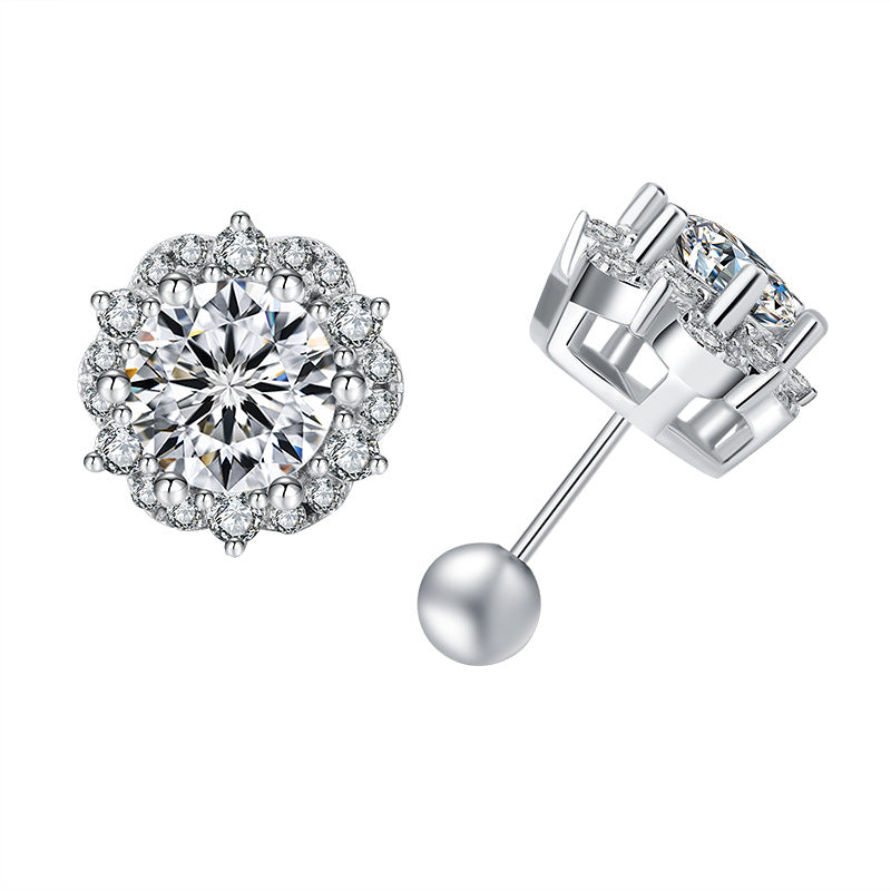 #168 Halo Round Cut Moissanite Stud Earrings – S925 Silver Flower Design