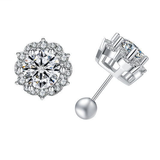 #168 Halo Round Cut Moissanite Stud Earrings – S925 Silver Flower Design
