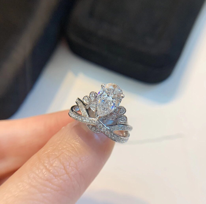 #122 VNK Luxury 2CT Pear Moissanite Tiara Ring | Crown Design 925 Silver Promise Ring