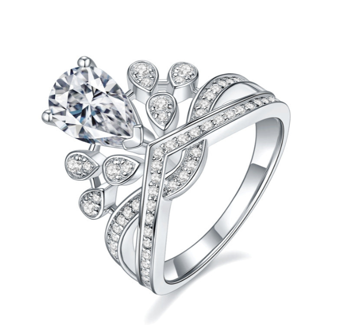 #122 VNK Luxury 2CT Pear Moissanite Tiara Ring | Crown Design 925 Silver Promise Ring