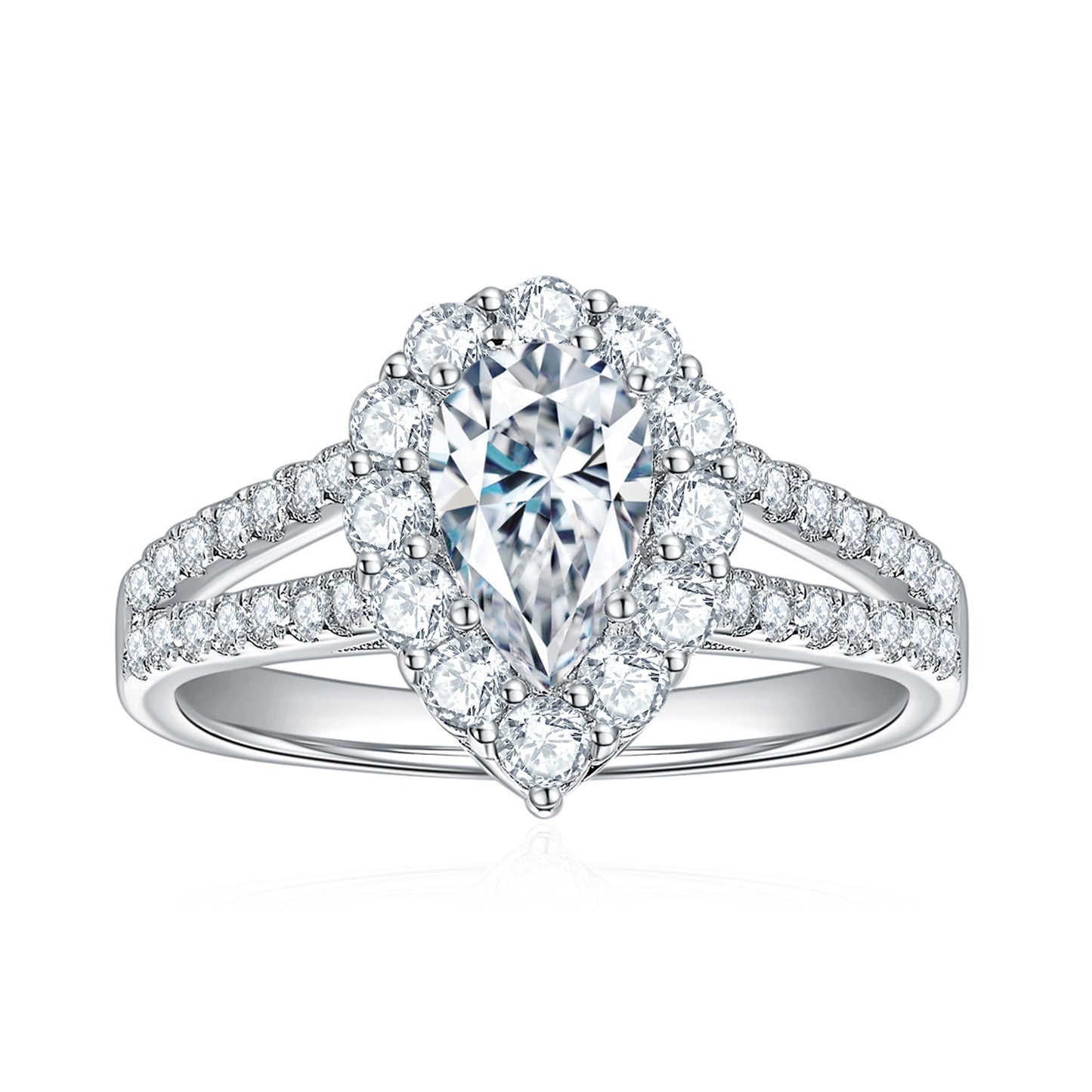 #121 VNK Luxury 1CT Pear Moissanite Ring | Halo & Split Shank with 0.74CT Side Stones