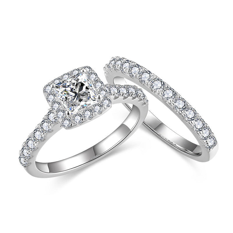 Princess Moissanite Engagement Halo Ring Set