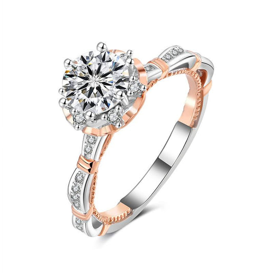 #07 VNK Two-Tone Round Cut Moissanite Halo Ring – 1Carat Center, 925 Sterling Silver Jewelry