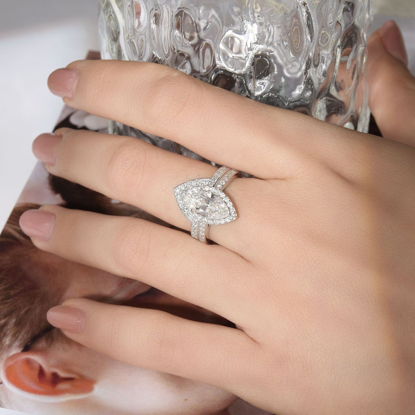 <Amelia>Marquise Moissanite Engagement Ring Set