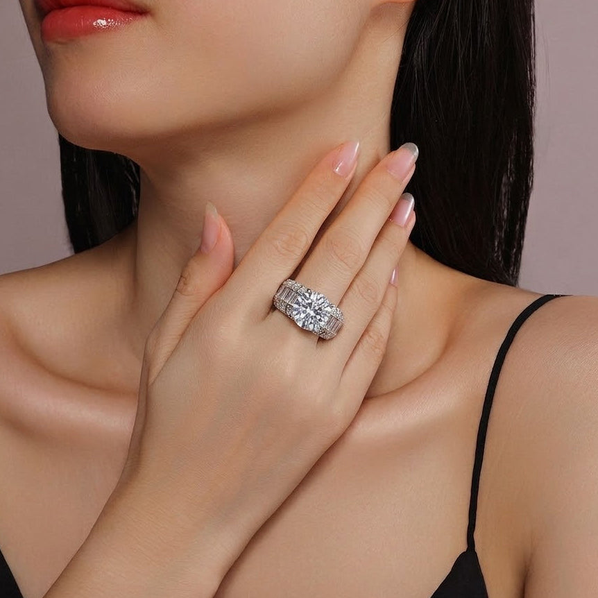 #28 VNK 5ct 5ct Round Moissanite Ring with Wide Pave Band, D Color VVS1 Fine Jewelry