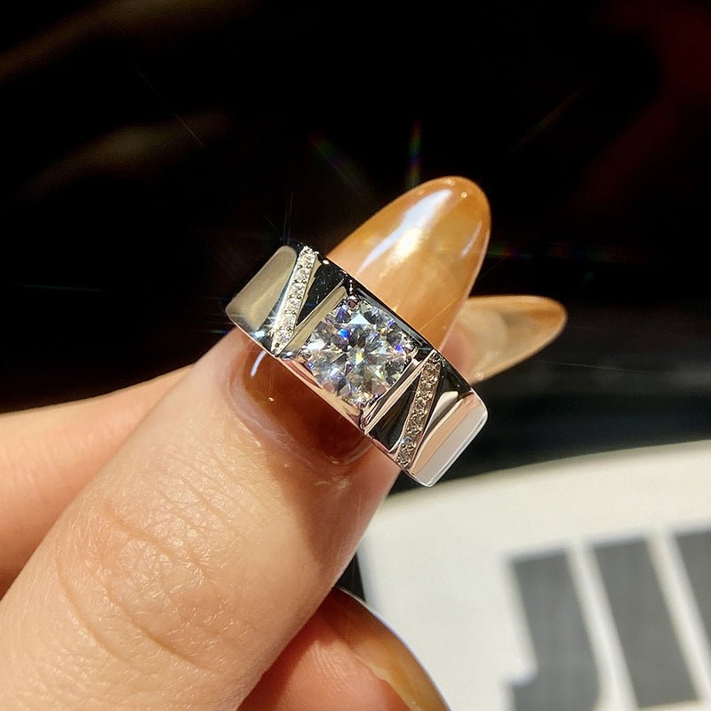 M1 VNK Square-Frame Moissanite Men’s Ring Diagonal Pave Accents, Wide Band 925 Sterling Silver - VANNICK