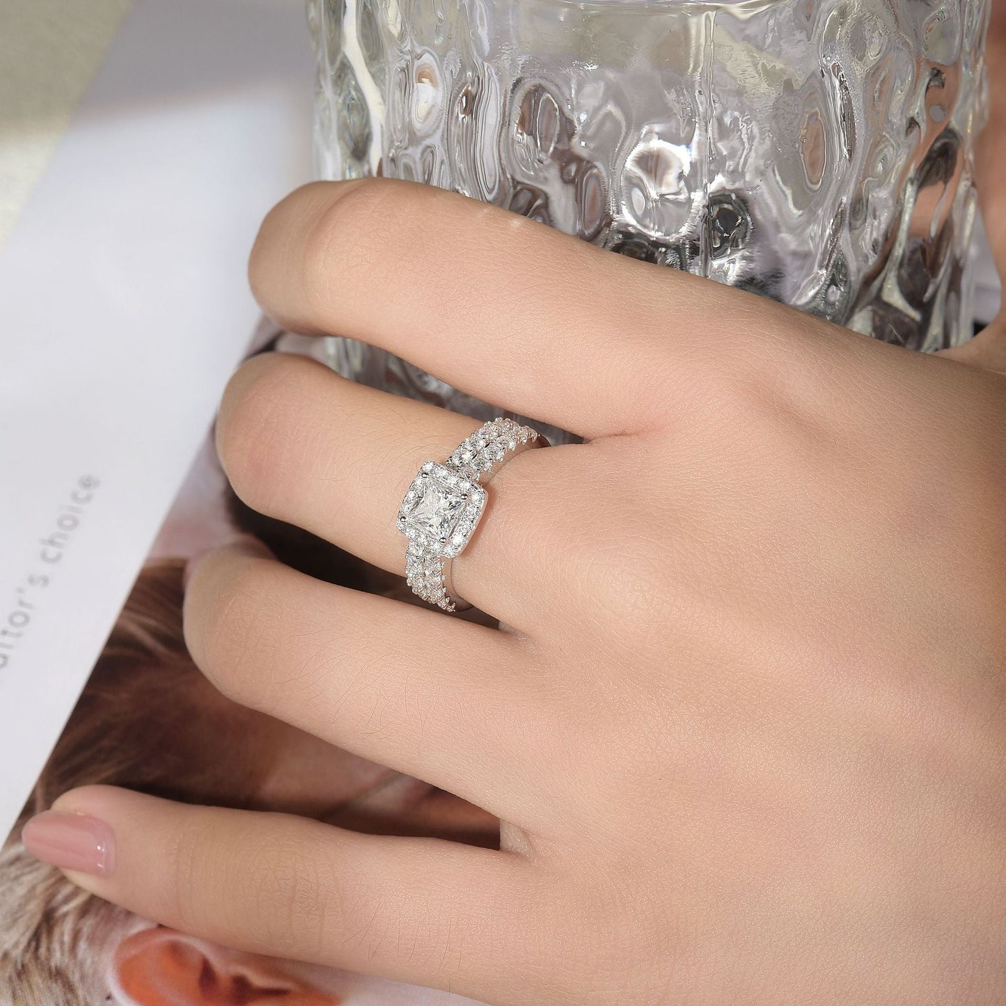 Princess Moissanite Engagement Halo Ring Set - VANNICK